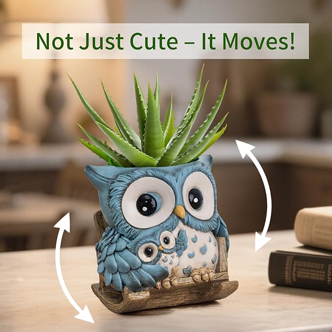 Saysmile Unique Owl Plant Pots Indoor, Cute Small Succulent Pots with Drainage Hole, Rocking Chair Planters for Outdoor Indoor Plants, Resin Flower Pot for String of Pearls, Gift Ideas for Mother