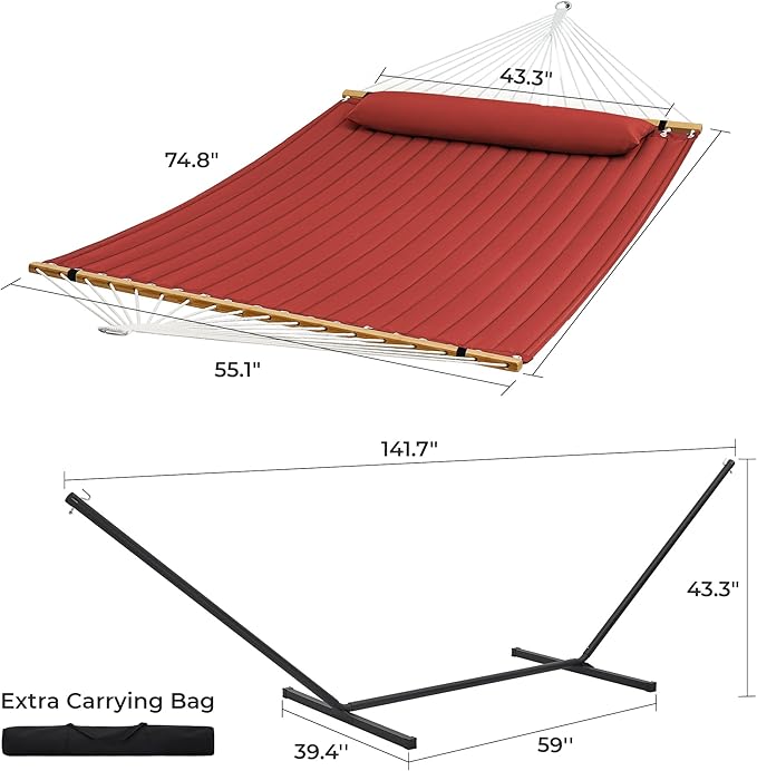 SUPERJARE Hammock with Stand, 2 Person Quilted Outdoor Hammock, Detachable Pillow & Bamboo Spreaders, Portable Hammock with Carrying Bag, Heavy Duty Stand, Perfect for Outside, Patio, Burgundy