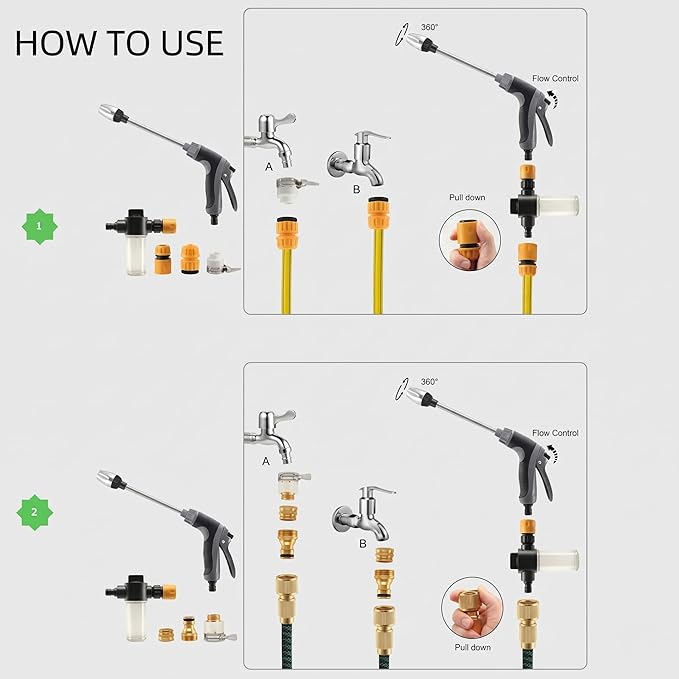 High Pressure Washer Gun with Foam Cannon & 6 Adapters, 360° Rotating 3-Mode Garden Hose Nozzle, Power Car Detailing & Patio Cleaning Tool, Fits U.S. 3/4" Thread