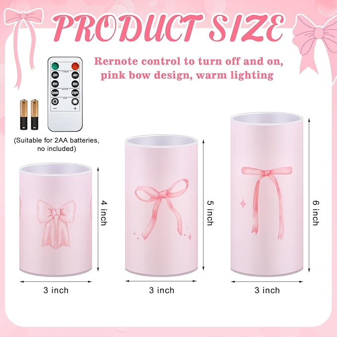 Tujoe 3 Pcs Valentines Flameless LED Candle with Remote Coquette Pink Bow Candles Pillar Candle Set Battery Operated Romantic Valentine Decorations for Home Wedding Bachelorette Bridal Birthday