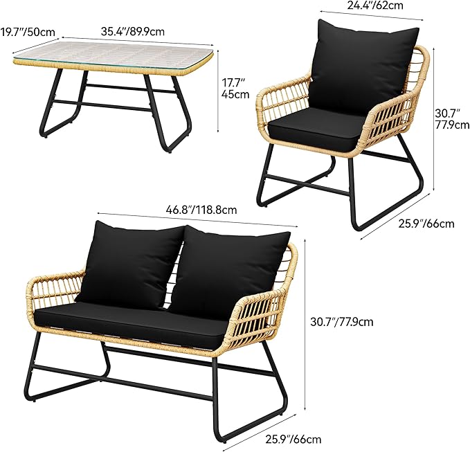 YITAHOME 4-Piece Patio Furniture Wicker Outdoor Bistro Set, All-Weather Rattan Conversation Loveseat Chairs for Backyard, Balcony and Deck with Soft Cushions and Metal Table, Light Brown+Black
