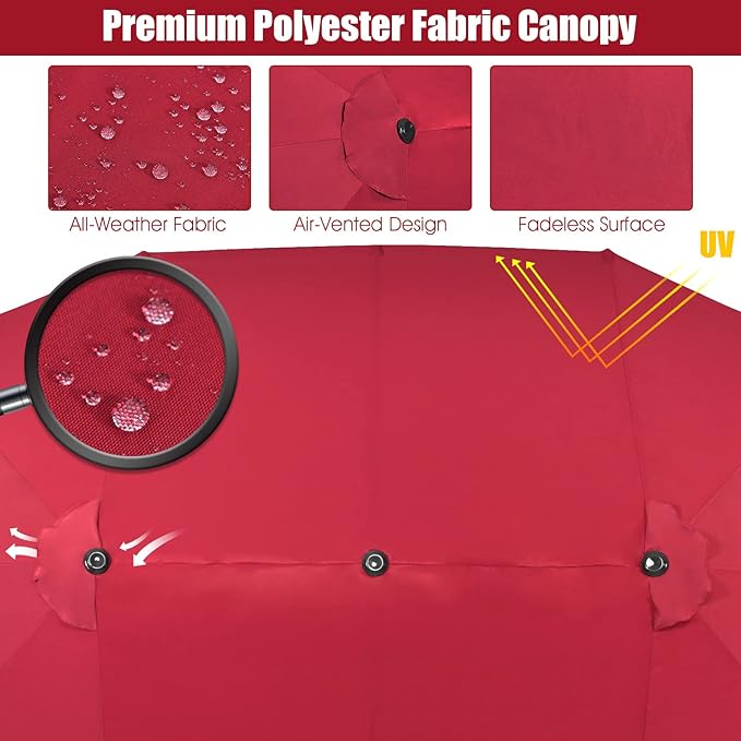 Tangkula 15Ft Double-Sided Patio Umbrella, Outdoor Extra Large Umbrella W/Hand-Crank System & Air Vents, Market Twin Umbrella W/ 12-Rib Sturdy Metal Frame for Poolside, Garden Backyard (Burgundy)