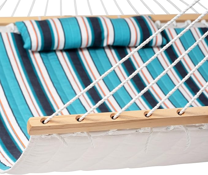 Lazy Daze Hammocks 12 FT Sunbrella Fabric Quilted Hammock Double Sunbrella Quilted Hammock with Spreader Bars & Pillow, All Weather and Fade Resistant for Outdoor, 450 lbs Capacity, Token Surfside