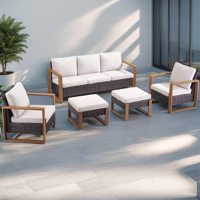 Rilyson Outdoor Wicker Patio Furniture Set - 5 Piece Patio Conversation Set with 2 Wicker Armrest Chairs,2 Rattan Ottoman and 1 Couch,Sturdy Frame,Thick Cushions,Deep Seating(Brown/Beige)