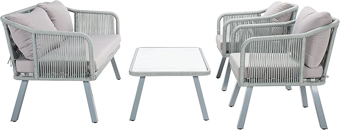 Safavieh Outdoor Collection Torsla Wicker Cushion 4-Piece Rope Patio Backyard Living Set PAT7520C, Grey/Grey