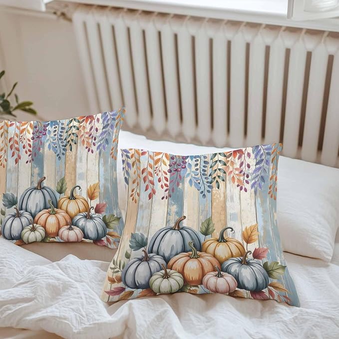 Orange Pumpkins Outdoor Waterproof Pillow Covers, Eucalyptus Leaves Wood Grain Country Rustic Decorative Square Throw Pillowcase Sofa Cushion Sham for Patio/Couch/Chair, 20"x20" 2 Pack