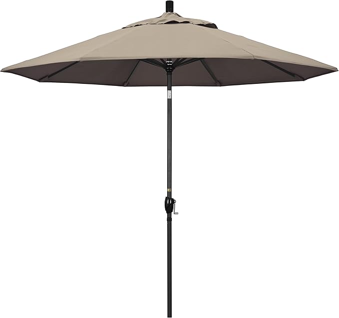 California Umbrella 9' Round Aluminum Market Umbrella, Crank Lift, Push Button Tilt, Black Pole, Sunbrella Taupe