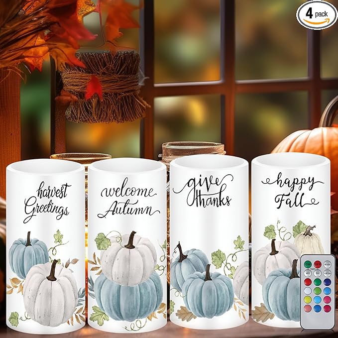 Tiamon 4 Pack Fall Led Candles with Remote - Blue Pumpkin Flameless Candles - Autumn Battery Operated - Warm Light Flickering - Harvest, Thanksgiving Table Decorations, Gift