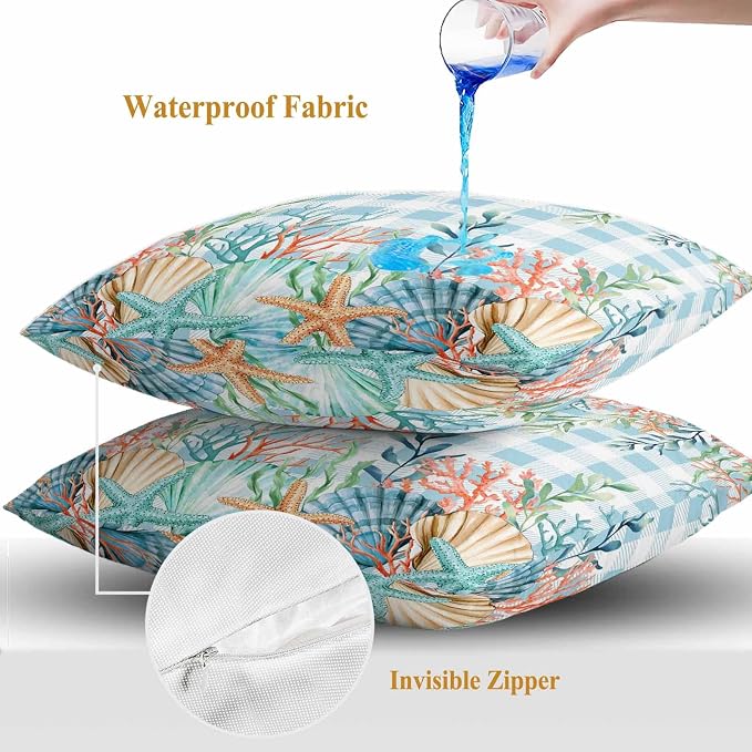 Throw Pillow Covers 16x16 Inch Set of 2, Nautical Coastal Waterproof Outdoor Pillow Covers, Summer Beach Shell Coral Seaweed Blue Plaid Decorative Cushion Pillowcases for Couch, Sofa, Bed, Patio