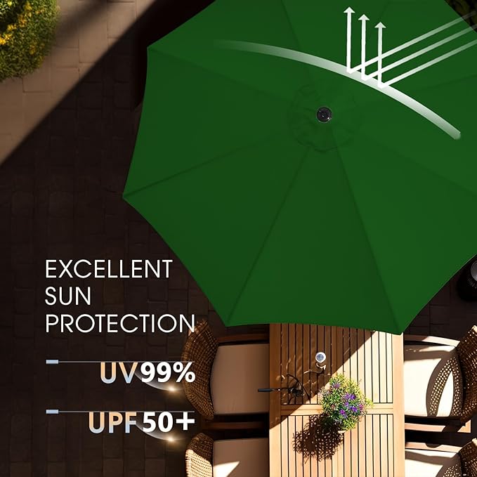 wikiwiki 9FT Patio Umbrella with Base, Outdoor Umbrellas with Base Included, 8 Sturdy Ribs, Waterproof Fade Resistant POLYESTER DTY Canopy for Deck, Lawn, Garden, Backyard & Pool, Dark Green