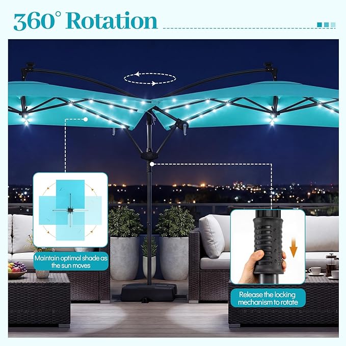 Tangkula 8x8 FT Solar Patio Umbrella with Base Included, Square Offset Cantilever Outdoor Umbrella with 360 Degree Rotation, 32 LED Lights, Crank Handle, 2 Sandbags, 8 Ribs, Air Vent for Pool Deck Garden Backyard