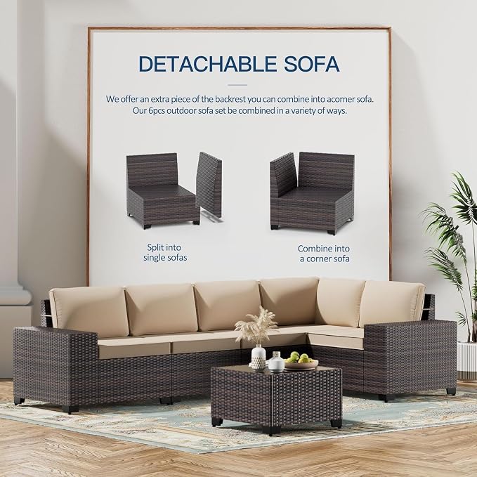 8 PCS Outdoor Patio Furniture Set,Outdoor Sectional Furniture All Weather PE Rattan Wicker Patio Conversation Set with 2 Ottomans and Coffee Table,Sand