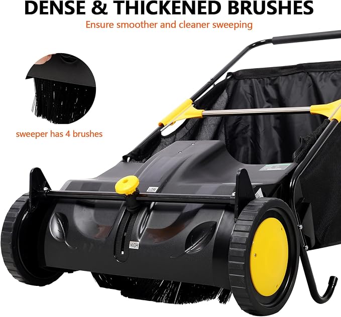 21" Hand-Push Lawn Sweeper | 4 Heavy-Duty Brushes & Wheels, Adjustable Height, 3.5 FT Large Hopper | for Efficient Leaf and Grass Collection in Lawns, Yards, Gardens