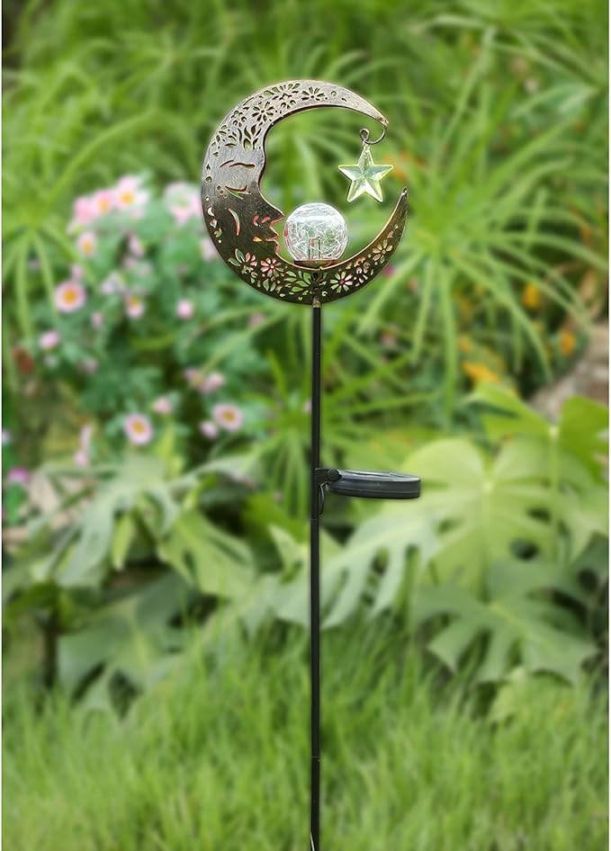 Hapjoy Solar Lights Outdoor Decor Moon Lantern for Patio,Lawn or Pathway Moon Decorations Crackle Glass Globe Stake Metal Lights Waterproof Warm LED Garden Gifts (Bronze)