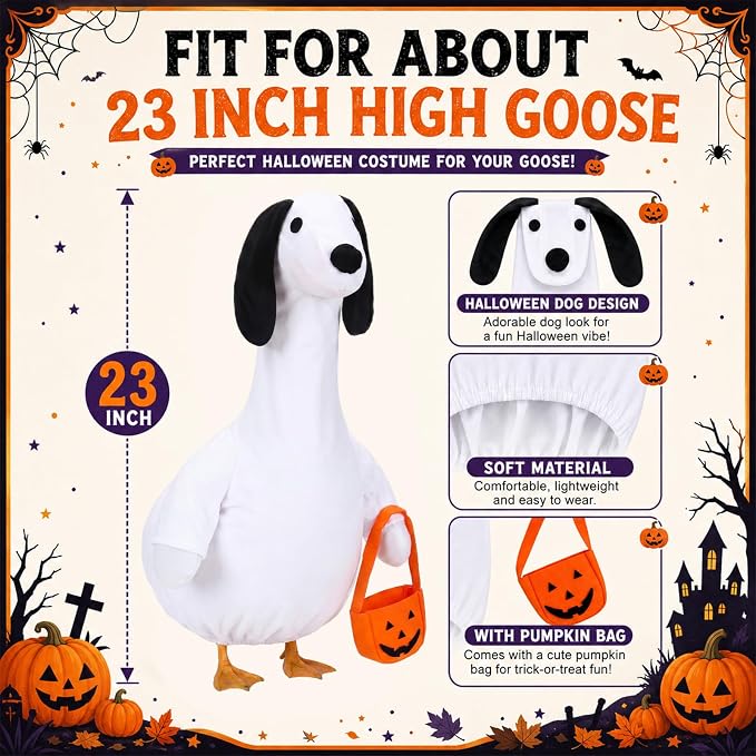 Halloween Porch Goose Outfit Ghost Dog Clothes for 23" High Cement or Plastic Goose Costume for Yard Lawn Outdoor Garden Patio Duck Statue Decor Halloween Puppy Ghost Costume Trick or Treat Decor