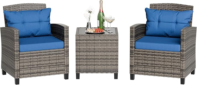JAMFLY 3 Piece Wicker Patio Furniture Set - Space Saving Outdoor Rattan Conversation Set with Soft Cushions & Glass Coffee Table for Balcony, Porch, Small Backyard - All Weather Blue Bistro Set