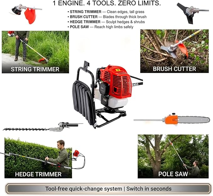 52cc 4-in-1 Gas Powered Backpack Multi Tool, String Trimmer, Brush Cutter, Hedge Trimmer & Pole Saw, 2-Stroke 8500 RPM Gas Weed Wacker for Lawn, Yard, Garden Pruning & Landscaping
