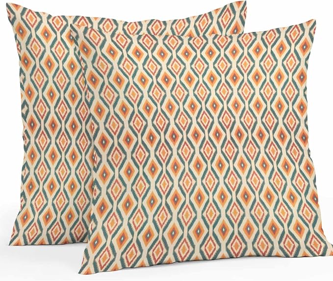 Throw Pillow Covers 16x16 Inch Set of 2, Orange Teal Geometric Waterproof Outdoor Pillow Covers, Southwest Ethnic Country Decorative Cushion Pillowcases for Couch, Sofa, Bed, Garden, Patio