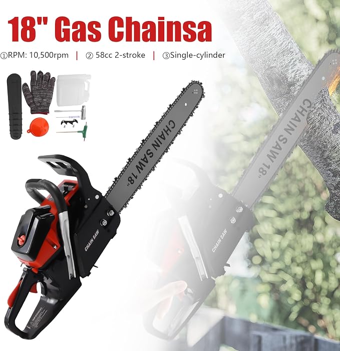 18 inch Gas Powered Chainsaw, 58CC Gasoline Chain Saw, 2-Cycle Gas Powered Chain Saws, Handheld Chainsaws for Trees, Wood Farm, Home Garden Cutting