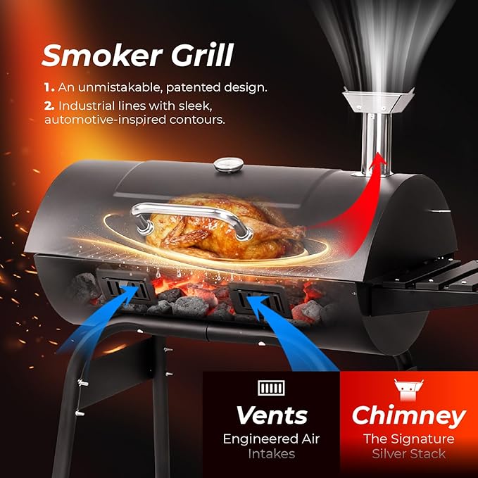 VINGLI Upgraded Barrel Charcoal Grill with 2 Sides Table, BBQ Grill Outdoor Smoker with Wheels for Party Garden Patio and Backyard Cooking 39''D × 24''W × 46''H (Upgraded Grill w/Side Table)