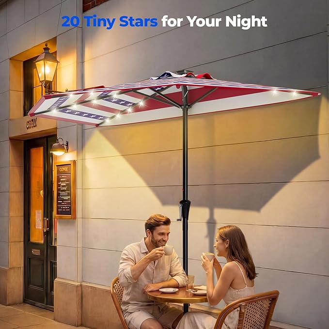 HOMSHADE 9FT Half Patio Umbrella with Solar LED Lights for Outdoor, Waterproof Half Umbrella for Small Spaces, Balcony, Deck(Fourth of July Stripes)