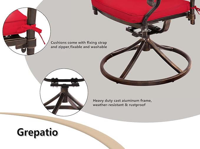 Grepatio 7 Piece Patio Dining Set Outdoor Cast Aluminum Furniture Set with 4 Chairs 2 Swivel Chairs and Umbrella Hole Table for Backyard Garden Poolside with 6 Cushion (Red)