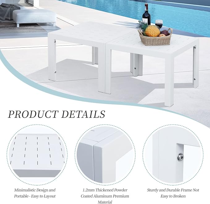 NICESOUL® 2 Pieces Aluminum Tables Side Tables for Outdoor Patio Porch Backyard Furniture Pieces in Pairs White