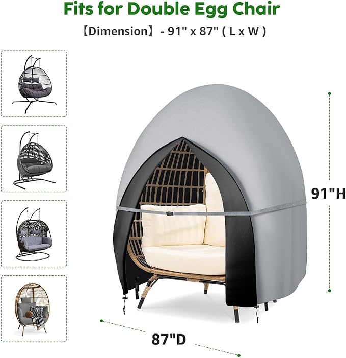 Patio Hanging Egg Chair Cover Double Egg Chair Covers Waterproof for Outdoor Pod Swing Loveseat Egg Chair- 91 X 87 Inches, Grey
