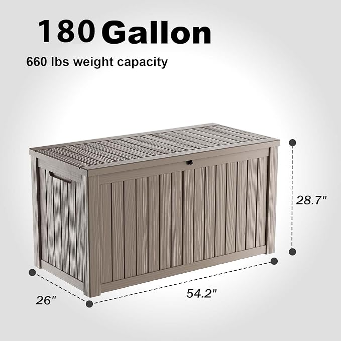 PatioZen 180 Gallon Resin Deck Box, Lockable Patio Outdoor Storage Box for Furniture, Garden Tools and Tools Storage, Waterproof Outside Storage Boxes - Grey