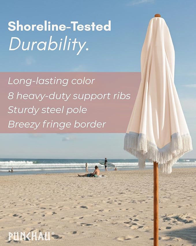6 Ft Fringe Patio Umbrella - Outdoor Umbrella for Patio, Pool, Table, Garden, Deck, Beach, and Outdoors - Fashionable Boho Vintage Tassels & Wood Print - Push Button Tilt Pole