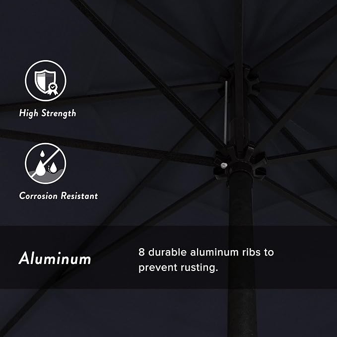 California Umbrella 12-Year Protection 9' Rd Aluminum Patio Umbrella, Crank Lift, Auto Tilt, Black Finish, Sunbrella Indigo