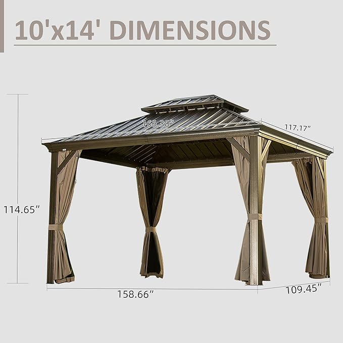 Domi 10' X 14' Hardtop Gazebo, Upgraded Metal Gazebo with Drainage System, Dual-Layer Galvanized Steel Roof, Curtain and Netting, Outdoor Shelter Canopy for Patio, Garden, and Backyard, Brown
