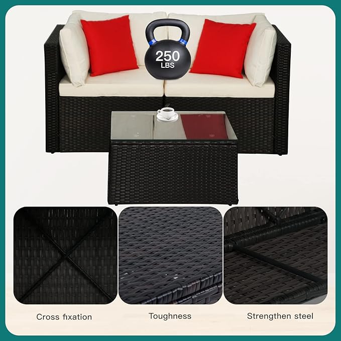 5 Pieces Patio Furniture Sets Outdoor Furniture Patio Sofa Wicker Sectional Sofa Modular Outdoor Conversation Set with 2 Red Pillow 2 Corner Chairs Armless Chair Ottoman Glass Table,Khaki Cushion