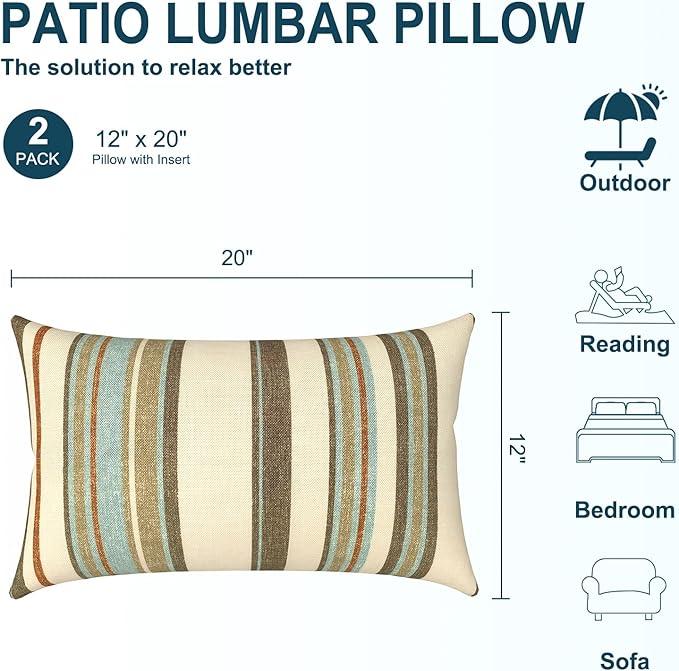 DYTXIII Pack of 2 Waterproof Outdoor Lumbar Pillow with Inserts, 12x20 in Rectangle Decorative Patio Throw Pillow for Home, Sofa,Bench and Patio Furniture, Stripe Onyx