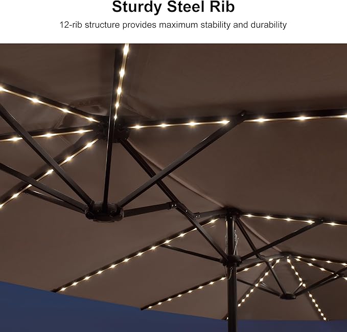 PURPLE LEAF 14ft Patio Market Umbrella with Solar LED and Base Double-Sided Rectangle Outdoor Table Sun Umbrellas with Crank for Pool Beach Deck Backyard Taupe
