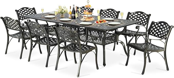 9-Piece Patio Cast Aluminum Dining Set, Outdoor Table and Chairs Set for 8, Includes 94.5" Rectangular Dining Table and 8 Chairs with Umbrella Hole, Patio Furniture Set for Deck Garden