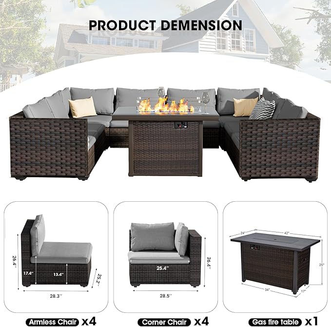 Patio Furniture Set 9 Pieces with 44" Fire Pit Table, Rattan Outdoor Sectional Conversation Sets, All Weather Outdoor Furniture Set with Cushions for Garden Lawn Balcony Porch Deck Grey