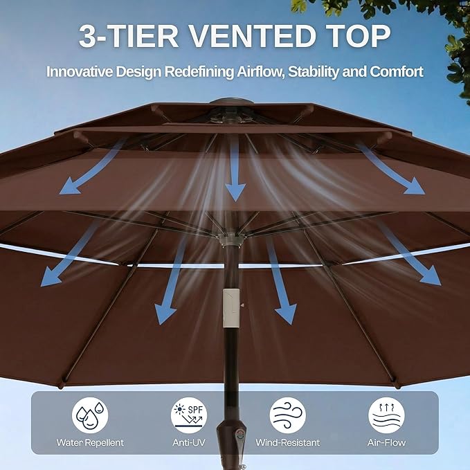 10ft Patio Umbrella, 3 Tier Outdoor Market Table Umbrellas with 8 Fiberglass Ribs and Push Button Tilt, Windproof, Vented Canopy, UV Protection for Deck, Pool, Backyard
