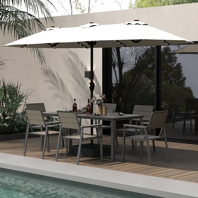 Outdoor Dining Set for 6 with 15FT Umbrella, Aluminum & HDPE Outdoor Table and Chairs, Weather-Resistant All-Season Backyard, Deck & Patio Dining Furniture with 2" Umbrella Hole (Grey)