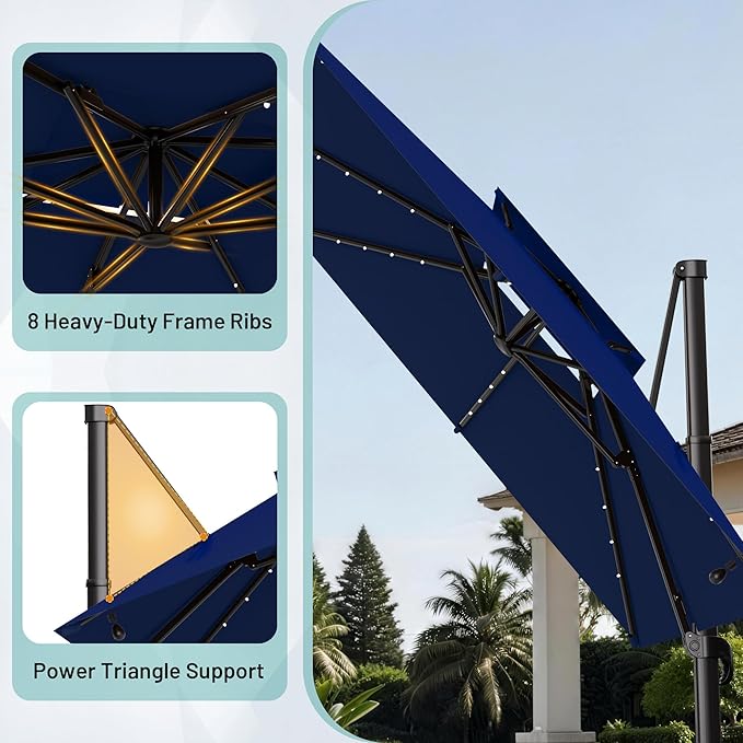 AreShark 10×10FT Solar LED Cantilever Umbrella, Double-Top Outdoor Patio Offset with 360 Degree Rotation, Square Offset Hanging Umbrella for Garden Deck Pool, Navy