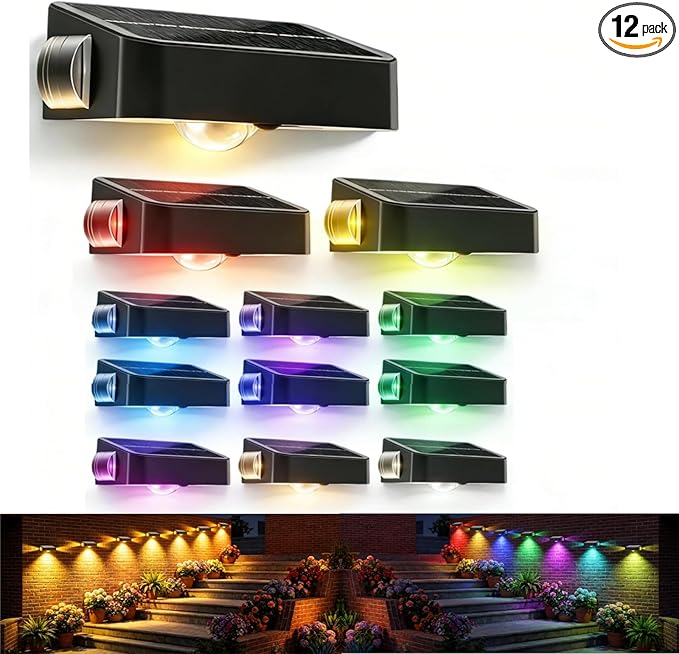 BUNEE 12 Pack Waterproof Solar Fence Lights for Outdoor 12 Modes Warm & Cool White RGB LED Spot Lens 3-Sided Solar Powered Wall Lighting, Decor for Outside Patio Step Backyard Deck Railing Pool
