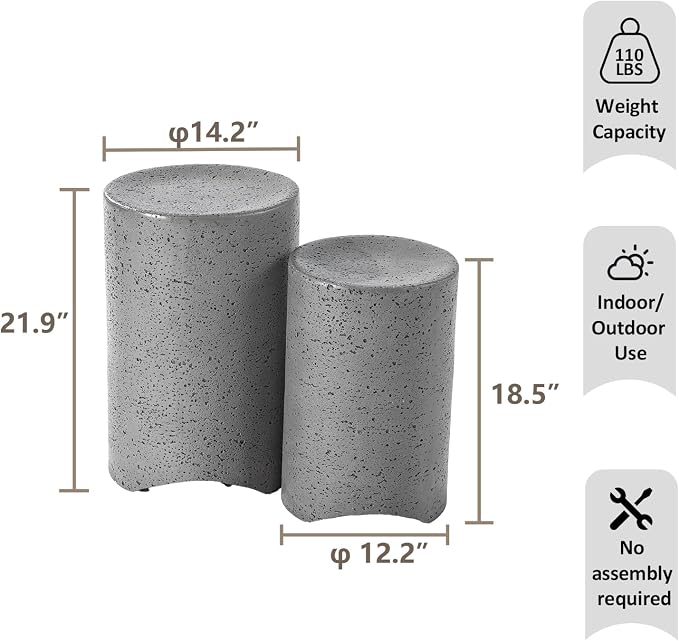 HOMPUS Outdoor Concrete Side Table Set of 2, Outdoor Nesting Table Round w Spotted Modern Vintage MgO, Lightweight Functional Patio Accent Table for Indoor Outside, Garden, Deck, Poolside, Grey