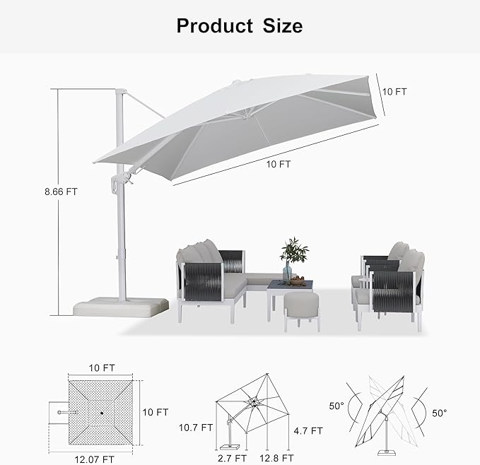 PURPLE LEAF 10 FT Right-left Tilt White Cantilever Umbrella with Base Patio Outdoor Swivel Umbrellas with Aluminum Tilt Offset Parasol with 360° Rotation for Deck Pool, White