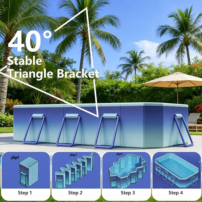 Large Foldable Pool for Adults with Ground Cloth 116"×65"×20" - Non-Inflatable Swimming Pool for Outdoor Summer Water Portable Folding Collapsible Pool
