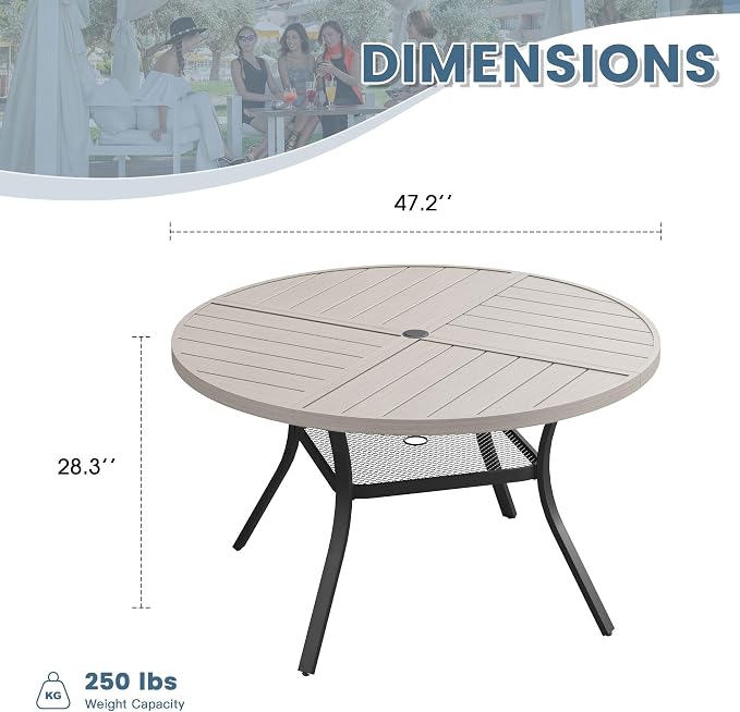 DIFY 47.2" Round Outdoor Patio Dining Table for 6, All-Weather Metal Steel Slatted Patio Table with 1.57" Adjustable Umbrella Hole, for Lawn Garden Porch Backyard, Grey Wood-Like