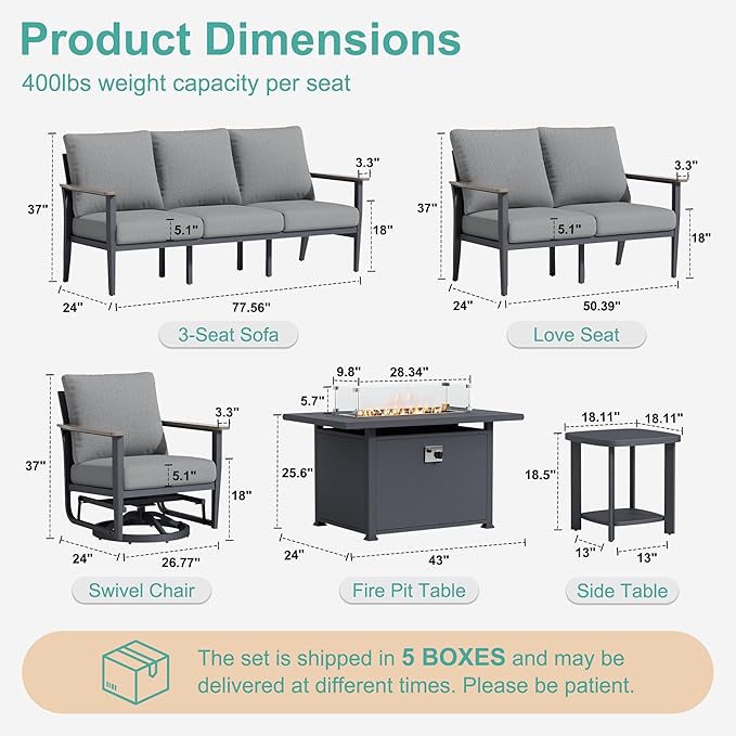 7-Seat Outdoor Patio Furniture Set with Rocking Swivel Chair, Aluminum Sectional Sofa Patio Conversation Set with 55,000 BTU Fire Pit Table & High Backrest & Thickened Cushions, Grey