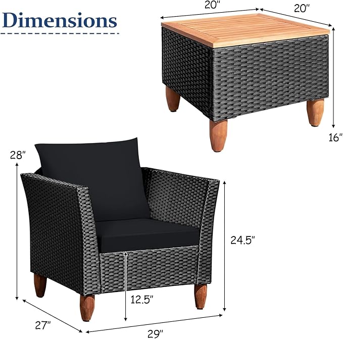 COSTWAY 3 Pieces Patio Rattan Furniture Set, Outdoor Wicker Conversation Chairs Set with Acacia Wood Coffee Table & Washable Cushion, Porch Furniture Bistro Set for Balcony, Garden, Backyard, Black