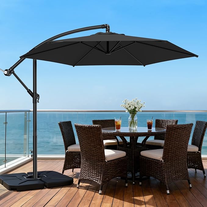 AreShark 10FT Patio Outdoor Umbrella, Offset Patio Umbrella Cantilever Umbrella, 6 Sturdy Ribs, Easy Adjustment for Garden Market Pool with Cross Base (Black)