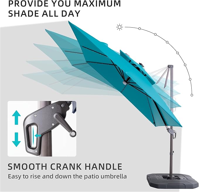 JZAC & QZYD 9x9 FT Outdoor Cantilever Patio Umbrella with Solar LED Lights, Large Heavy Duty 2-Tier Canopy Square Aluminum Offset Umbrellas with 360-Degree Rotation for Pool Deck Backyard, Turquoise
