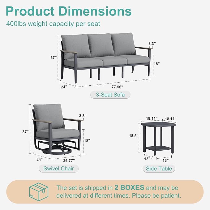 5-Seat Outdoor Patio Furniture Set Aluminum Sectional Sofa Set, Patio Conversation Set with High Backrest & Thickened Cushions for Garden, Backyard, Poolside, Grey